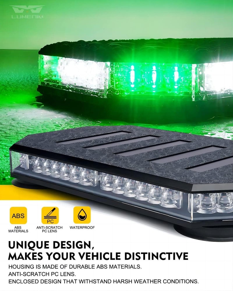 LUMENIX 42 LED Roof Top Strobe Beacon Light Bar Hazard Warning Emergency Flashing Plow Lights with Controller for Construction Vehicles Tow Trucks Snowplow Postal Cars White Green (Patent Design) - Image 2